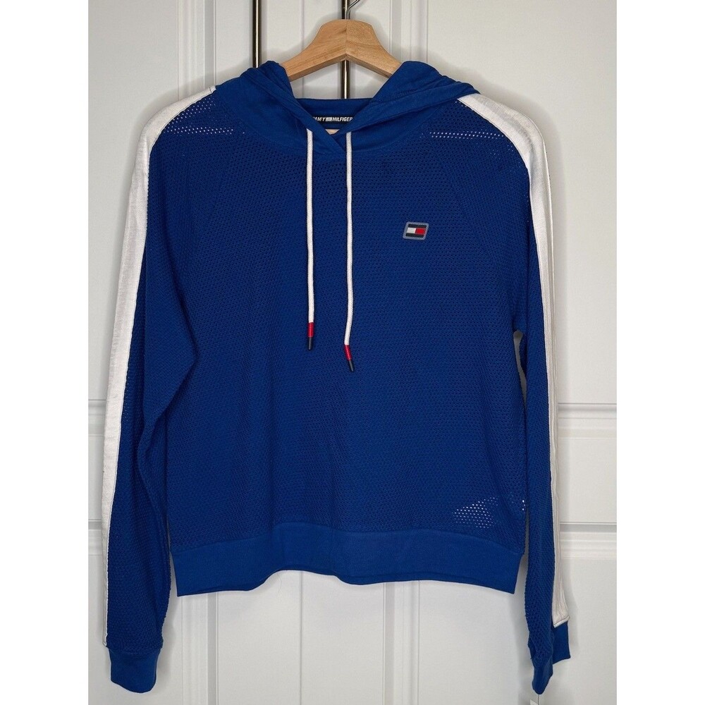 Tommy Hilfiger Sport Mesh Hoodie Blue White Pullover Athletic Sweatshirt Women S